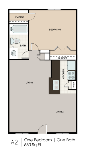 Floor plan for 1 bed, 1 bath, 650 sqft